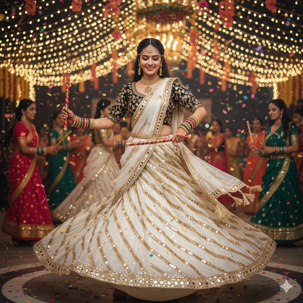 1. Classic Black & White Lehenga with Golden Embroidery