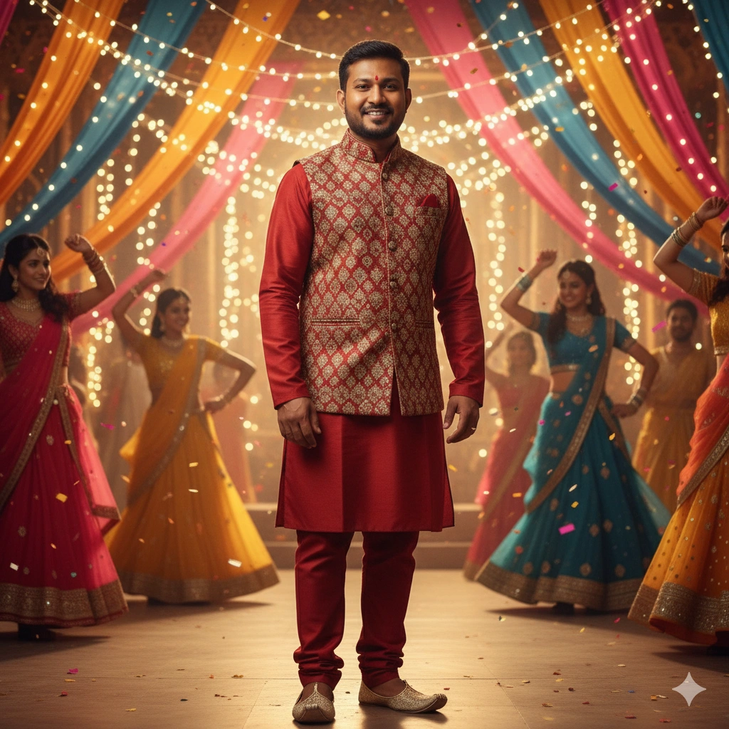 17. Red Kurta with Ethnic Jacket