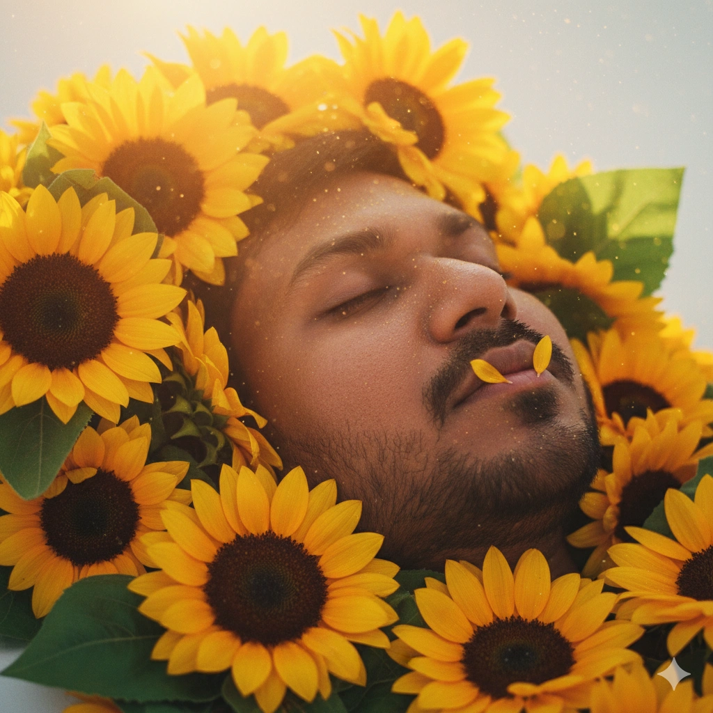 2. Sunflower Portrait with Warm Backlight (3/4 Close-Up)