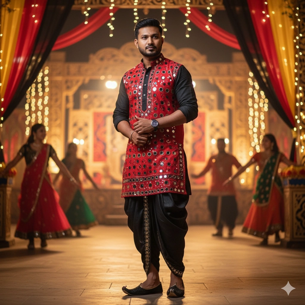 4. Casual Lean Dandiya Pose (Red & Black)