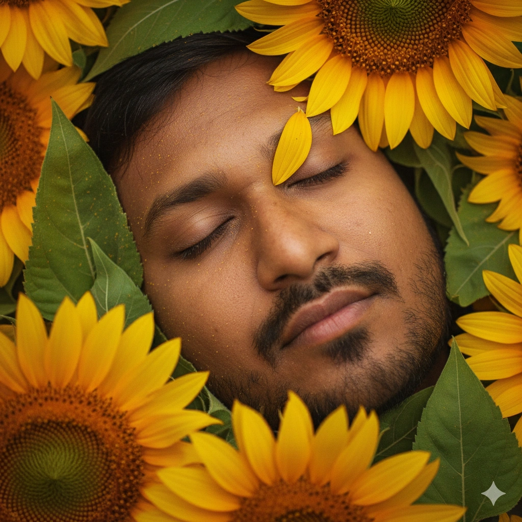 4. Macro Sunflower Face Portrait (Full Frame Petal Surround)