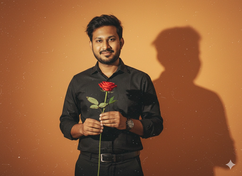 2. A Stylish Young Man in Black with a Red Rose