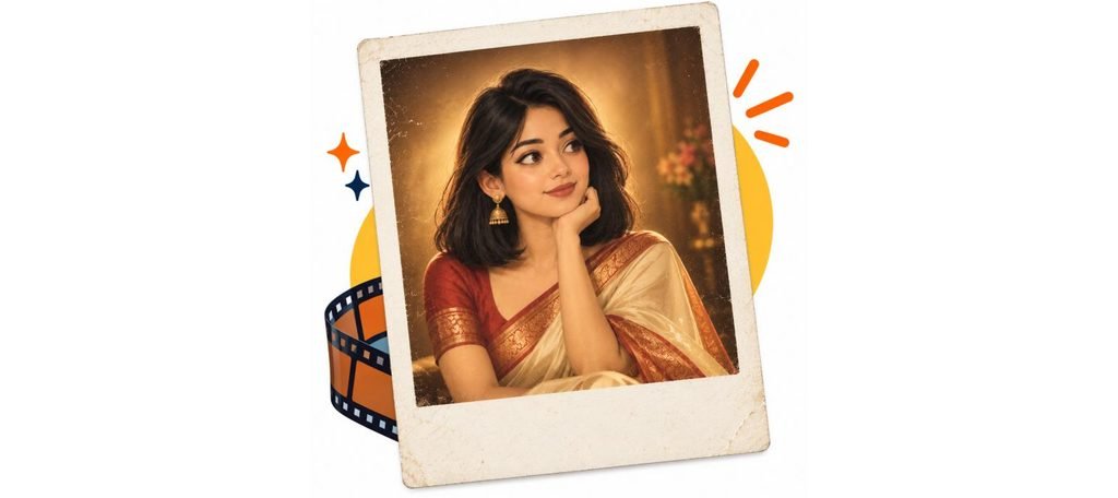Classic 90s Bollywood portrait AI photo prompt example, FSIDM