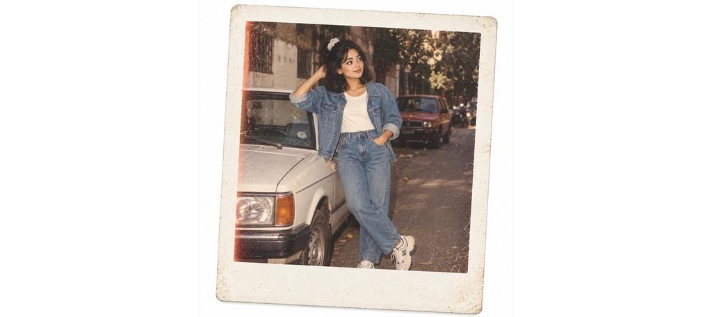 Denim-on-denim 90s street style AI photo prompt example, FSIDM