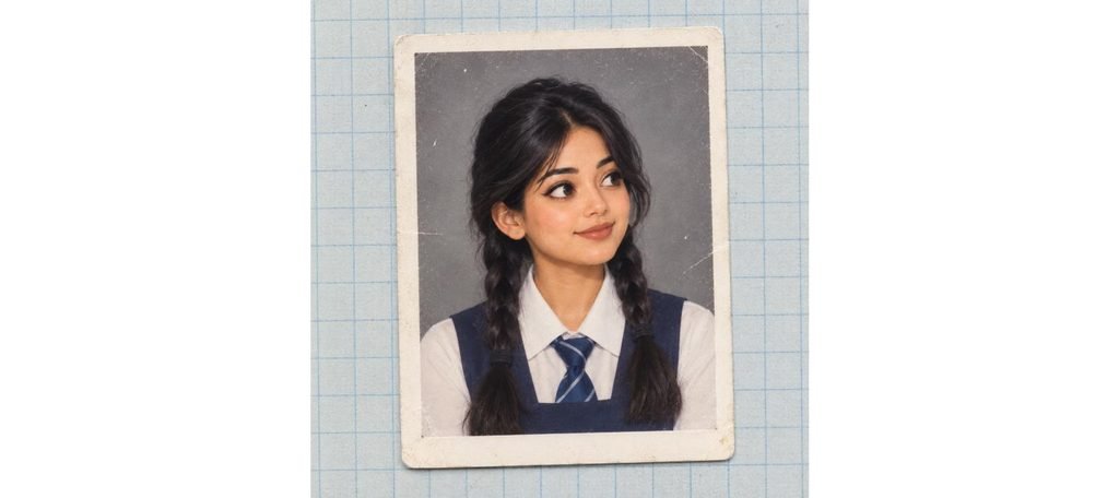 Retro 90s school ID photo AI prompt example, FSIDM